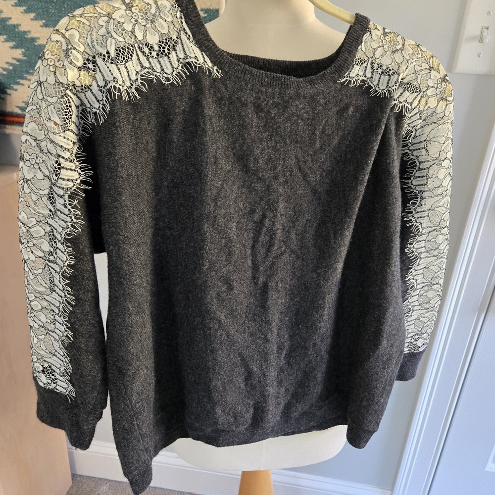 J. Crew Charcoal Sweater with Lace Shoulders Women's Size Medium